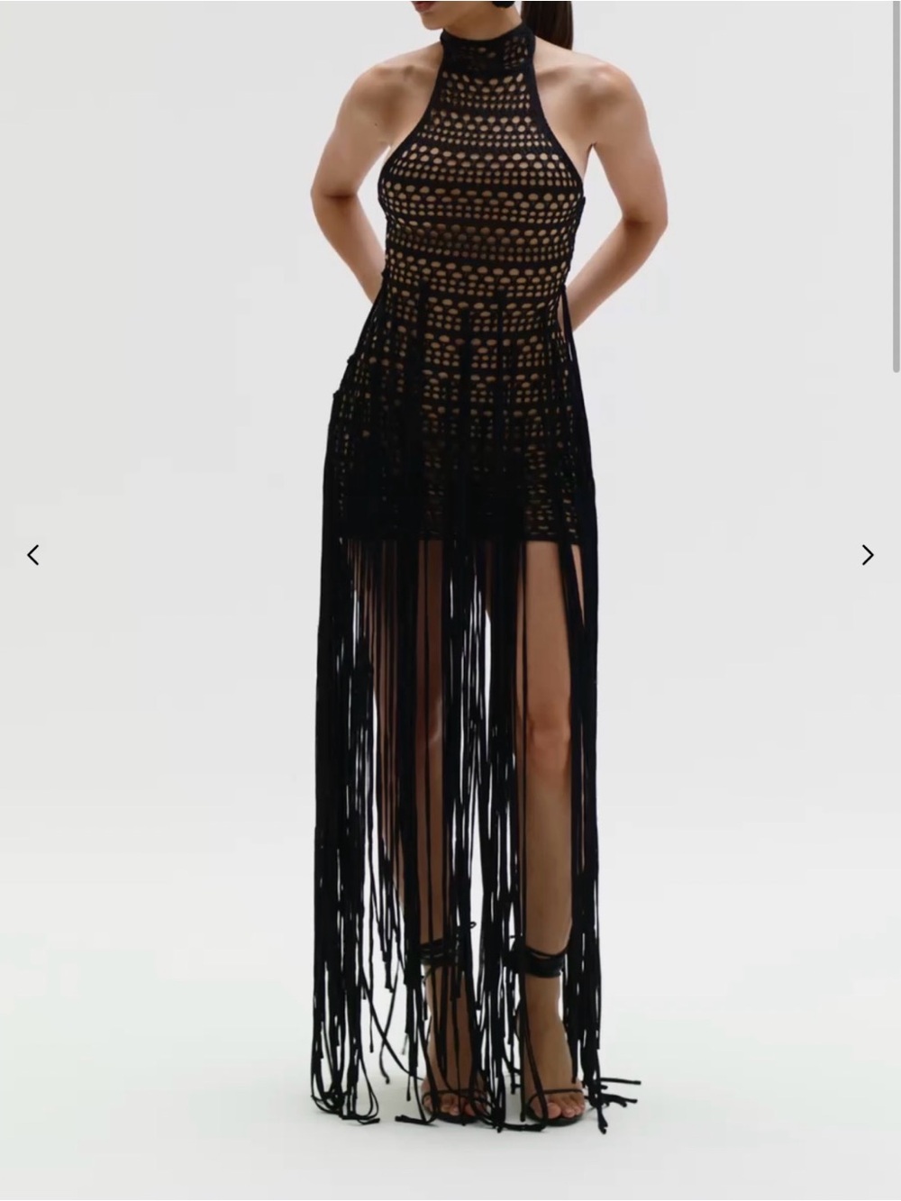 naked wardrobe Black Crochet Halter Maxi Dress with Fringe Panels